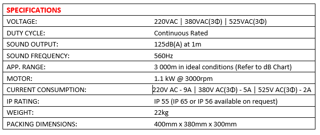 FS3000S industrial siren specifications including voltage options, sound output, IP55 rating and dimensions