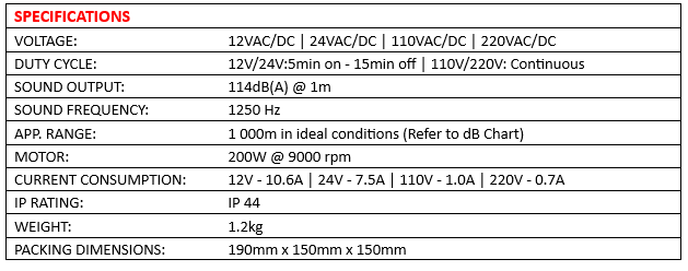 FS750 industrial siren specifications including voltage options, sound output, range, IP rating and dimensions